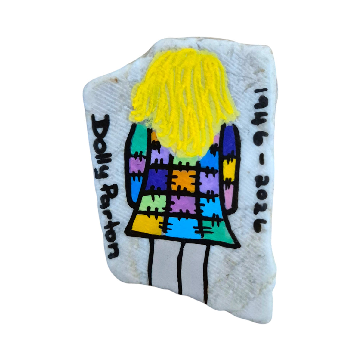 Hand painted colourful patchwork coat tribute rock from the Country and Western collection