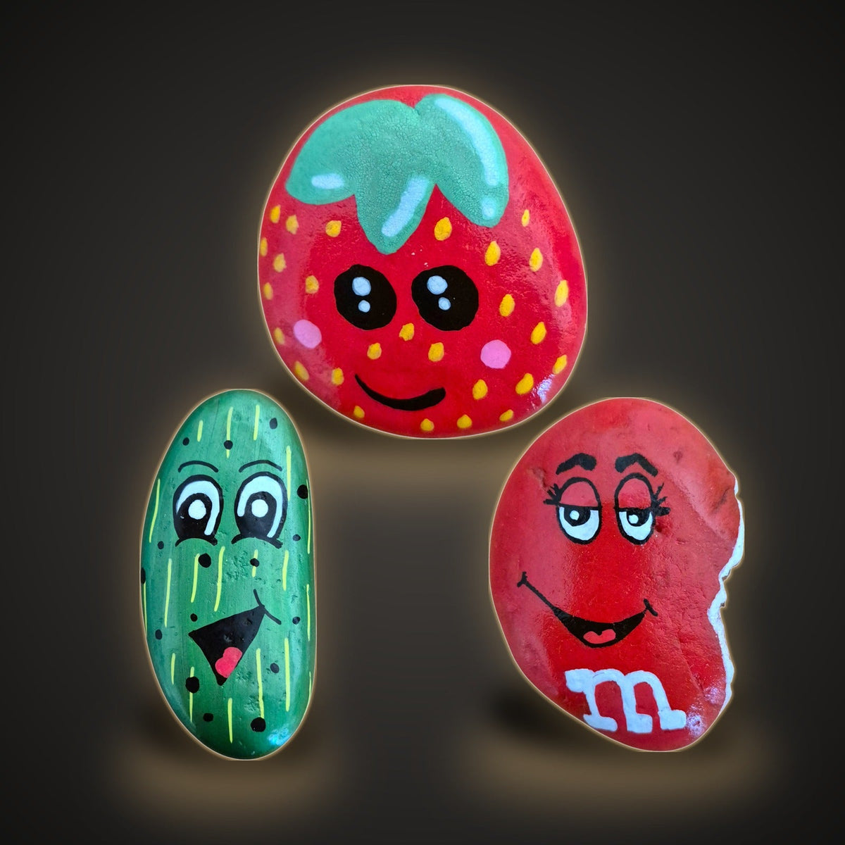 Hand painted smiley strawberry rock from the Fruit and Food collection