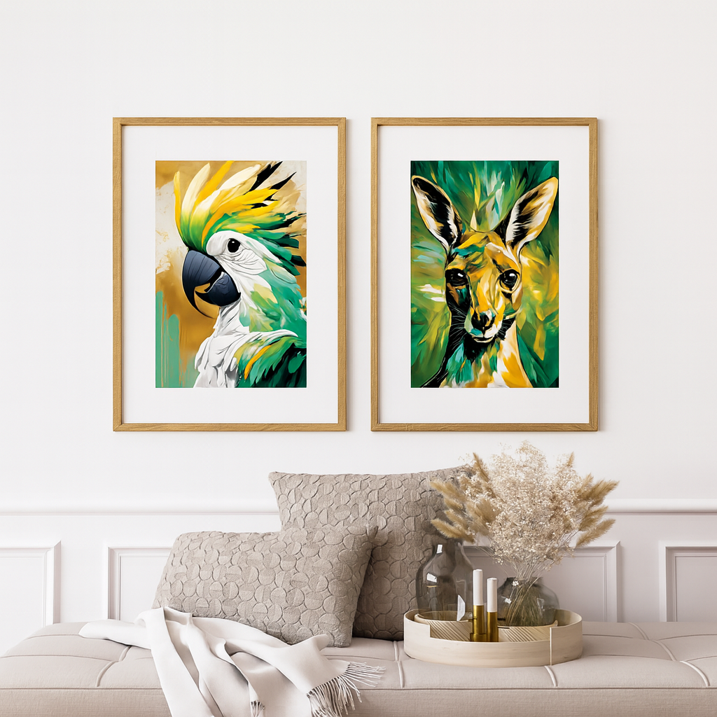 Styled room mock-up featuring two framed abstract Australian animal artworks, a cockatoo and a kangaroo, displayed above a neutral bench with cushions and decorative vases