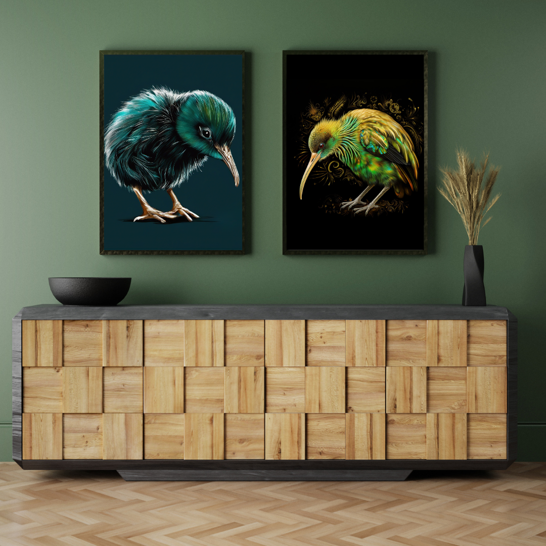 Two framed kiwi bird artworks side by side, featuring colourful New Zealand kiwi illustrations displayed in black frames