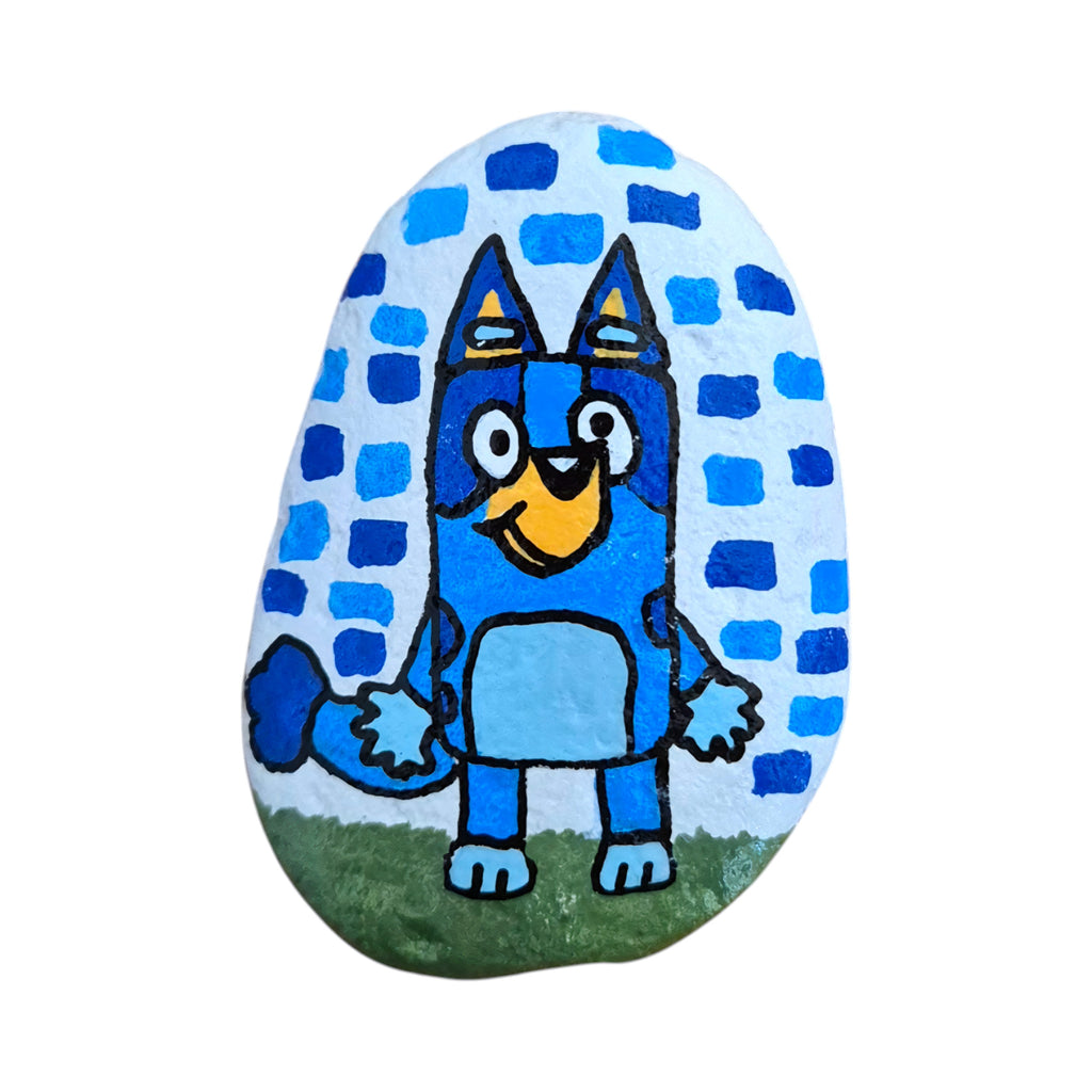 Backyard Buddy hand painted blue pup rock, original photo on a white background