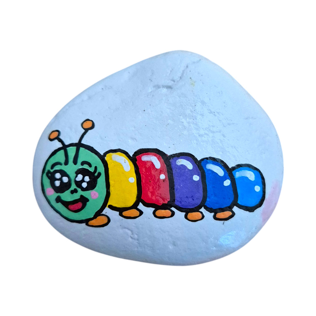 Rainbow Wiggles hand painted caterpillar rock, original photo on a white background
