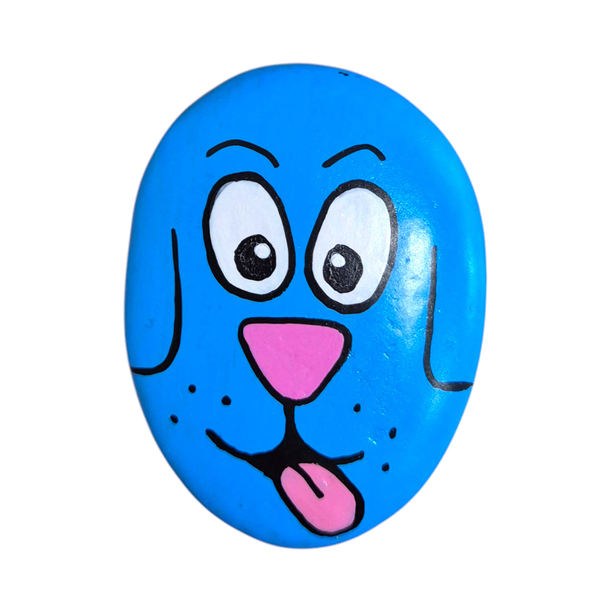Hand painted blue pup rock with its tongue out, on natural stone approx 6cm x 5cm