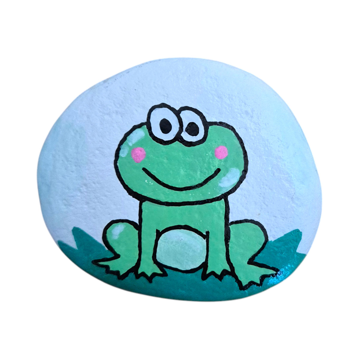 Hand painted green frog sitting on a leaf on a natural stone rock