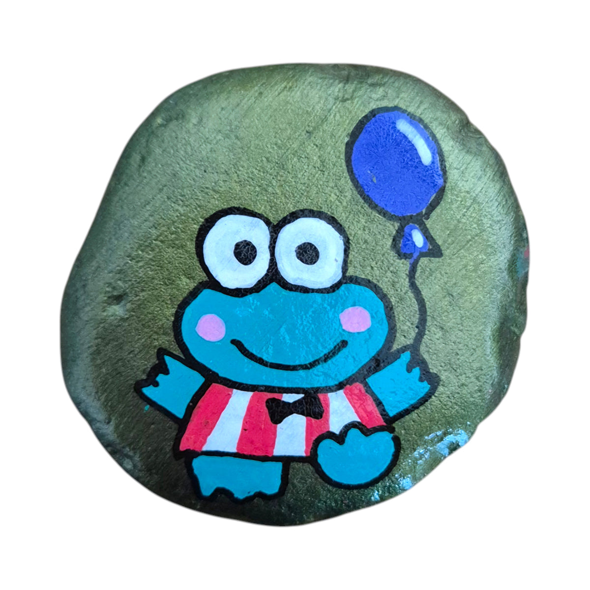 Hand painted green frog in a bow tie holding a purple balloon on a rock