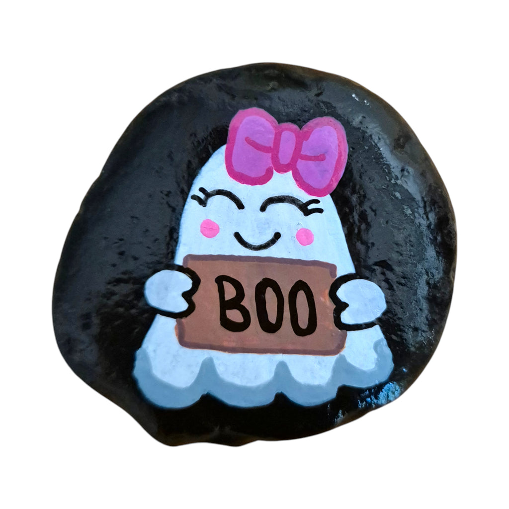 Boo-tiful hand painted ghost rock, original photo on a white background