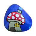 Hand painted mushroom house on a purple background, painted on natural stone