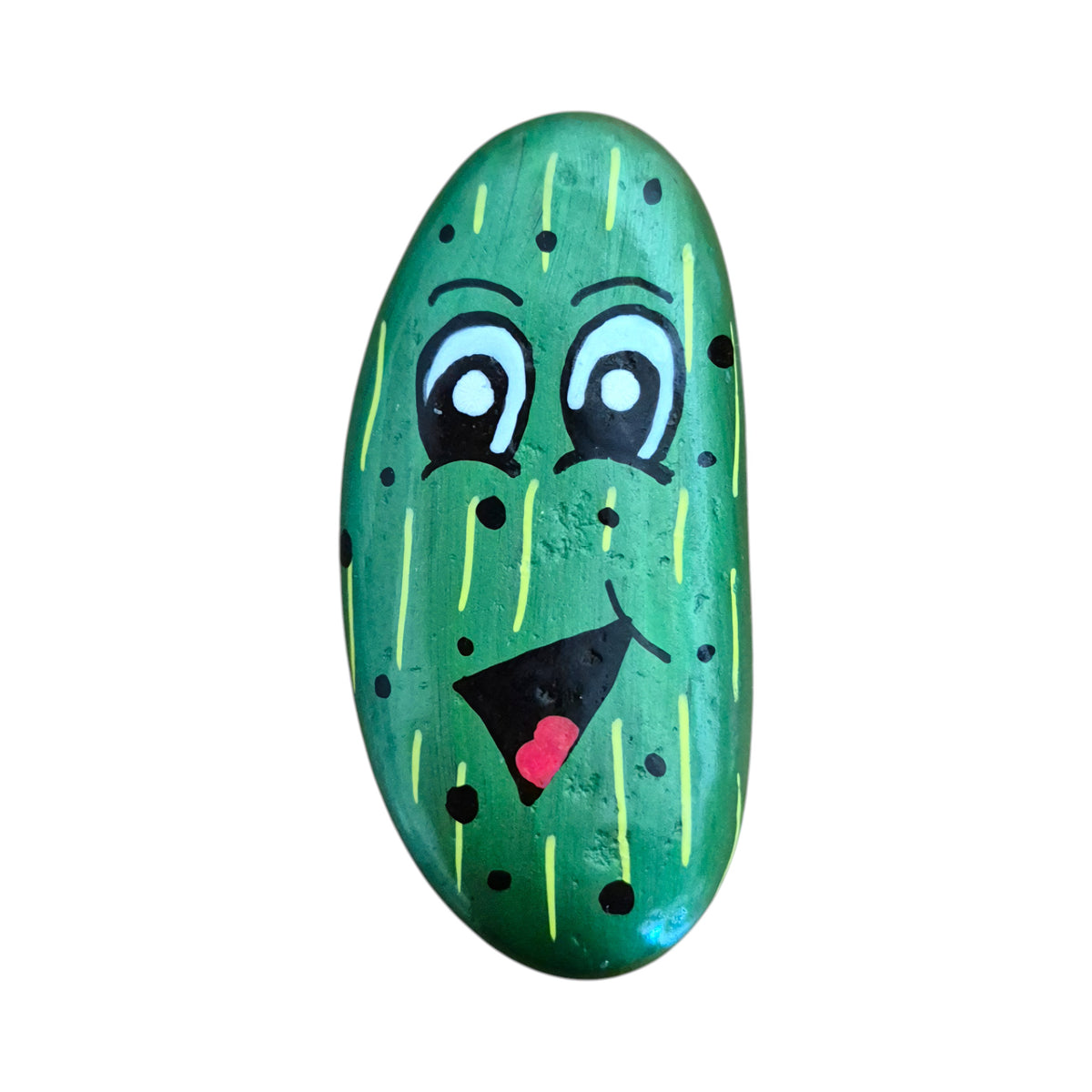 Hand painted smiling pickle with a face on a natural stone rock