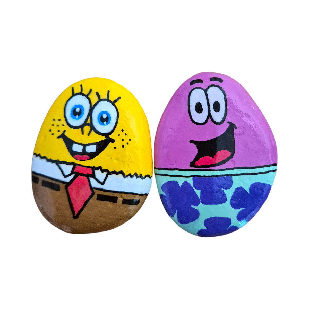 Set of 2 hand painted rocks: a square yellow sponge and a pink starfish