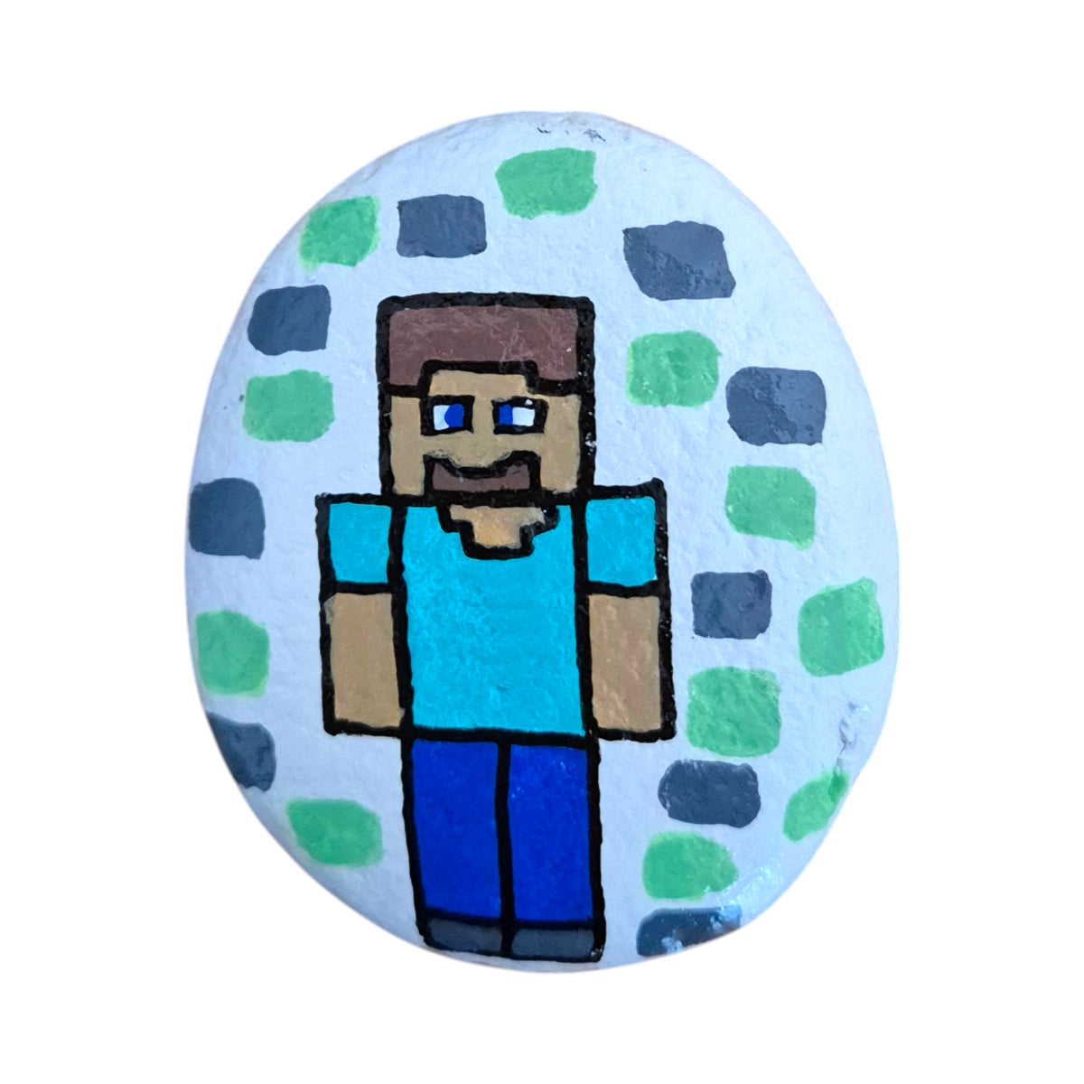 Hand painted pixel block adventurer rock for gamers, on natural stone