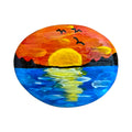 Hand painted sunset over water with birds and distant land, raised textured paint on a rock