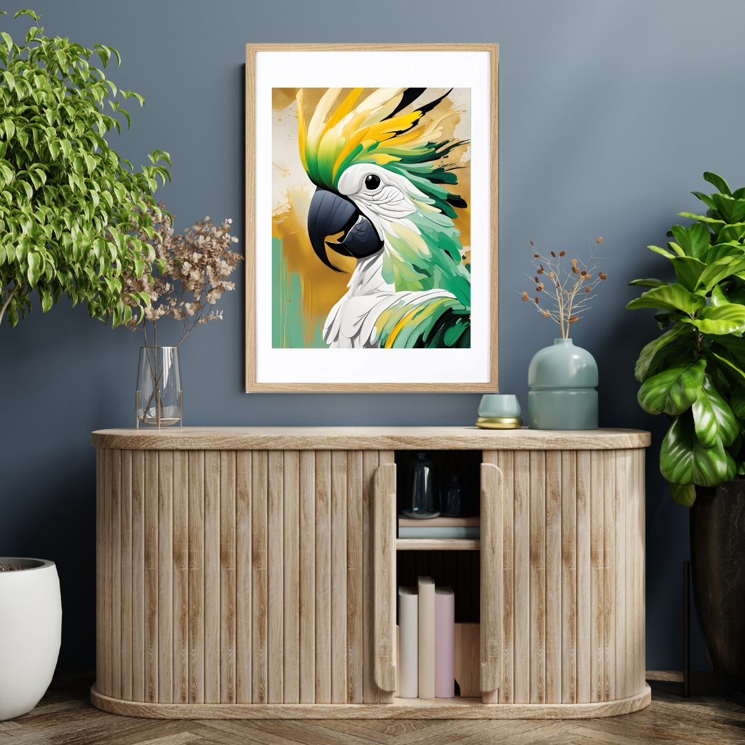 Abstract cockatoo artwork in green, gold, and white tones displayed in a natural wood frame above a wooden cabinet in a modern room