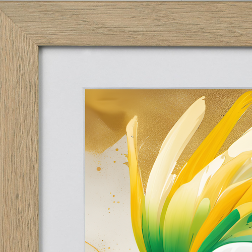 Close-up detail of abstract cockatoo artwork with gold, green, and white brush strokes in a natural wood frame