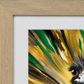 Close-up detail of abstract emu artwork featuring bold green, yellow, and black brush strokes