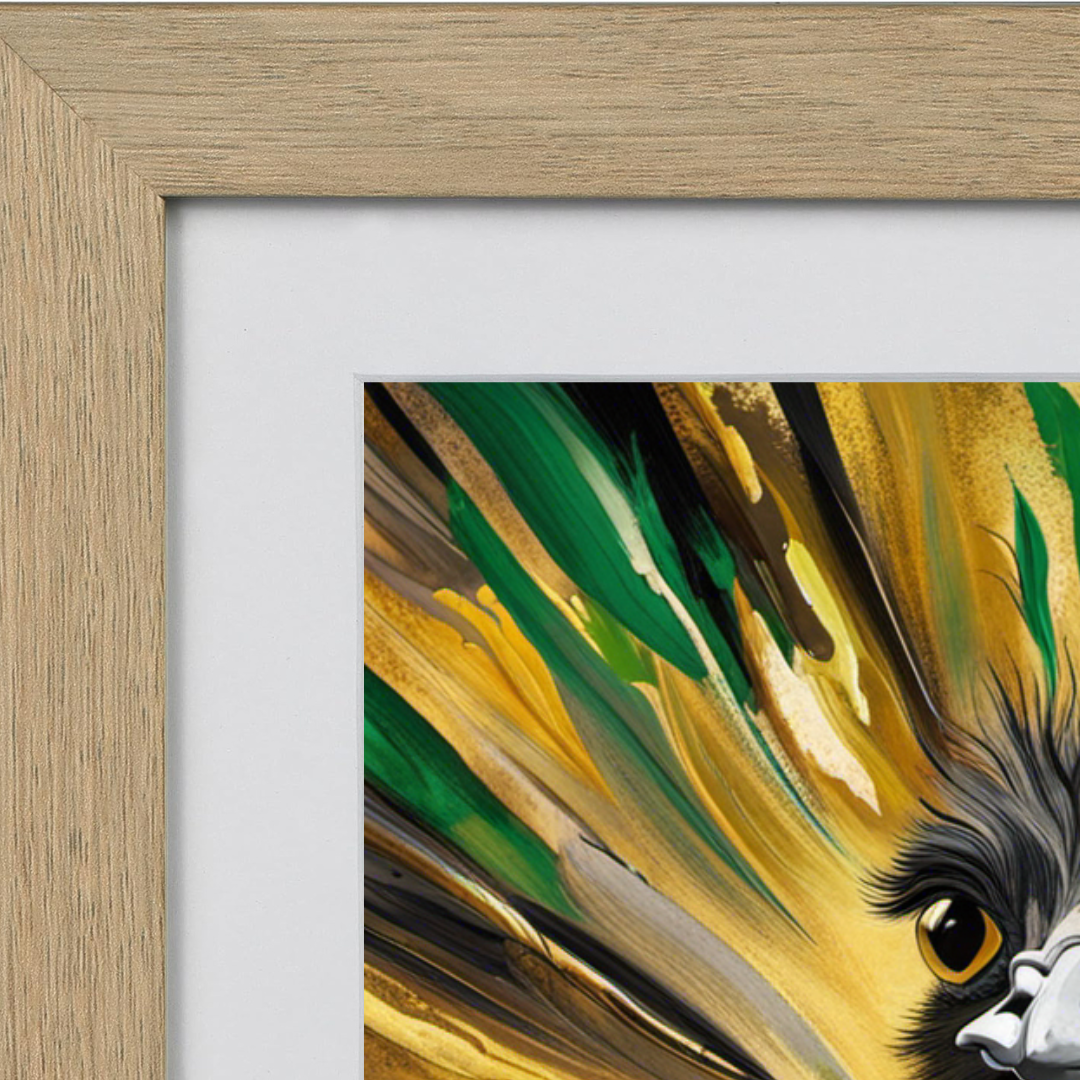 Close-up detail of abstract emu artwork featuring bold green, yellow, and black brush strokes
