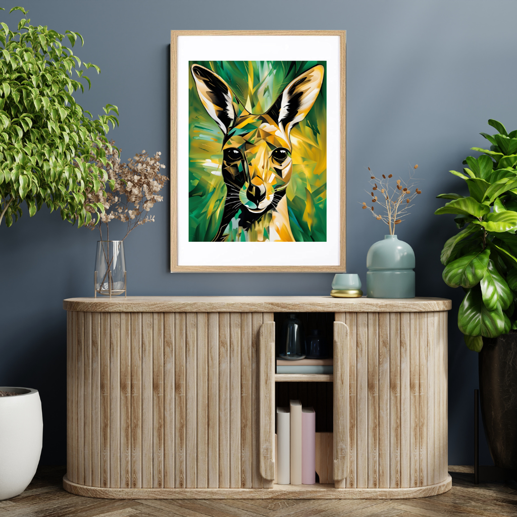 Abstract kangaroo artwork in green and yellow tones displayed in a natural wood frame on a wall above a light wooden cabinet.