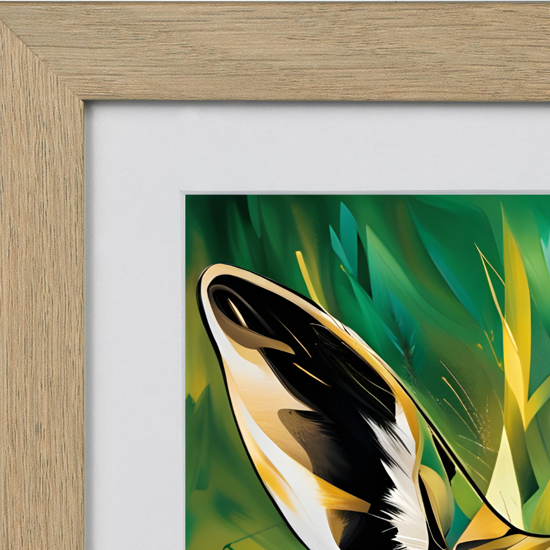 Close-up detail of abstract kangaroo artwork with green and yellow brush strokes in a natural wood frame