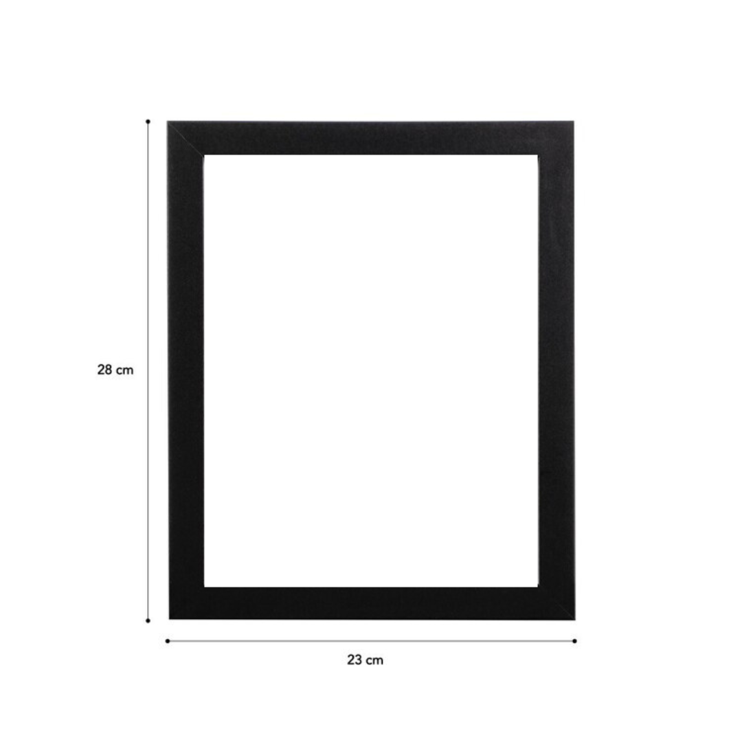Black picture frame with measurements showing 28 cm height and 23 cm width, size reference for artwork.