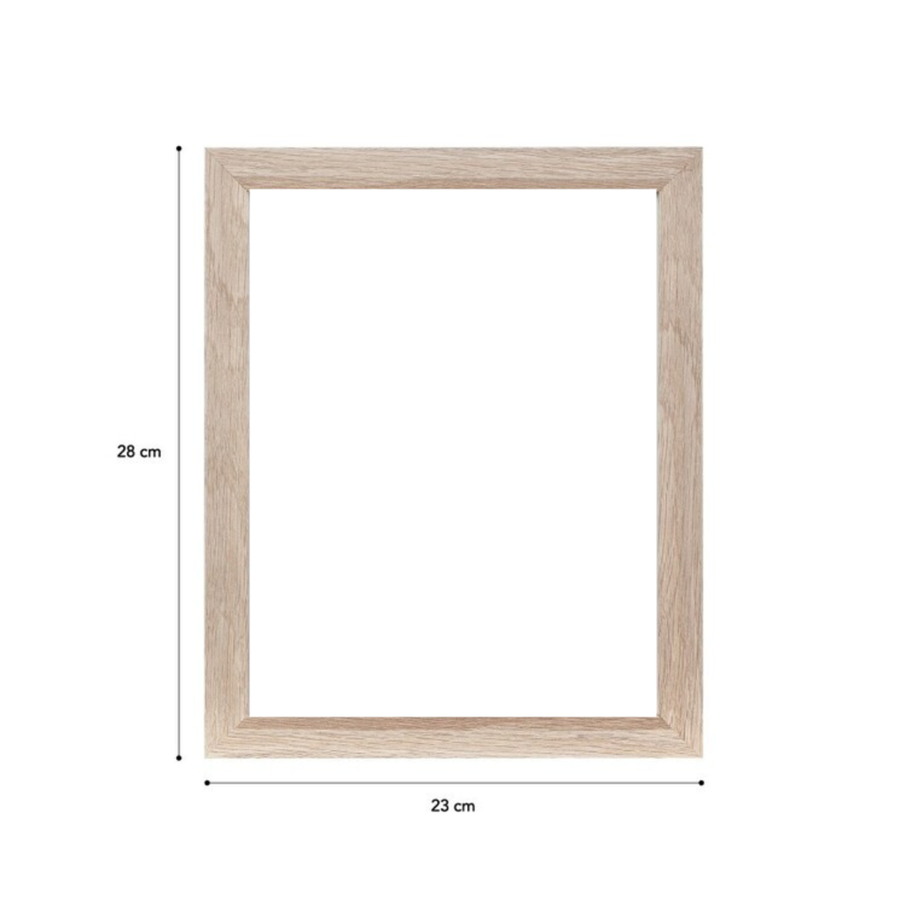 Natural wood picture frame with measurements showing 28 cm height and 23 cm width, size reference for artwork