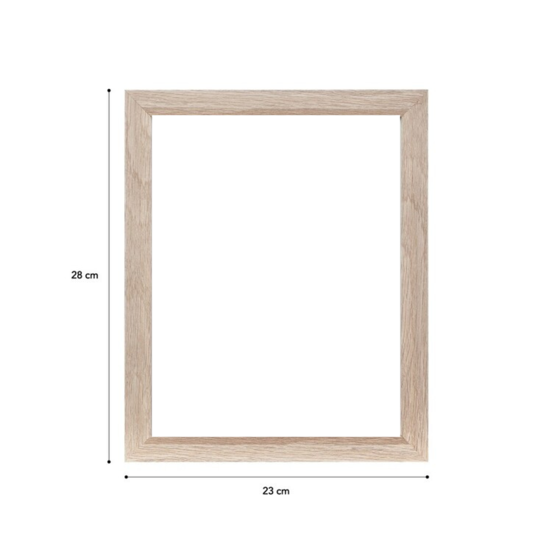 Natural wood picture frame with measurements showing 28 cm height and 23 cm width, size reference for artwork