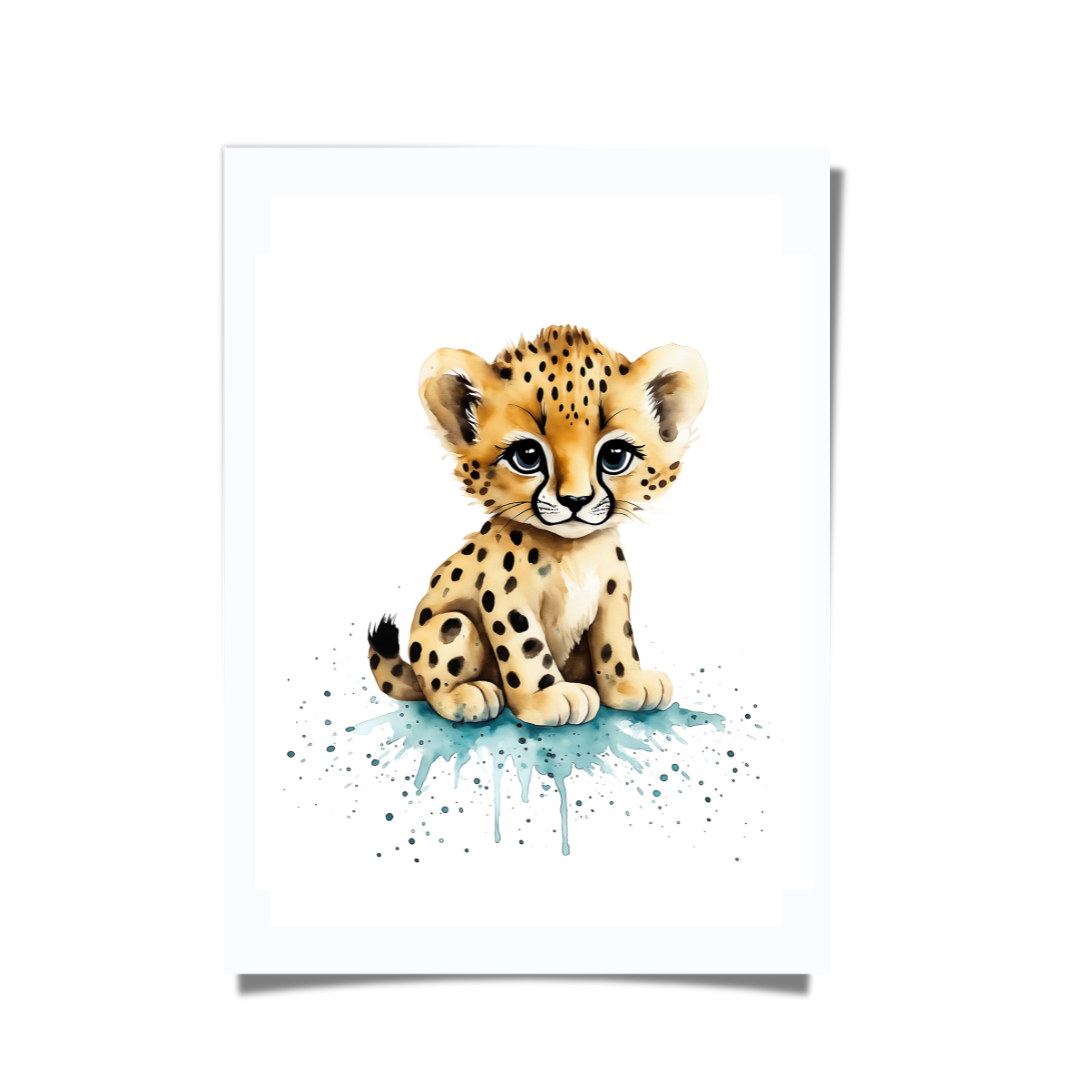 Watercolour baby cheetah illustration, safari-themed nursery art print