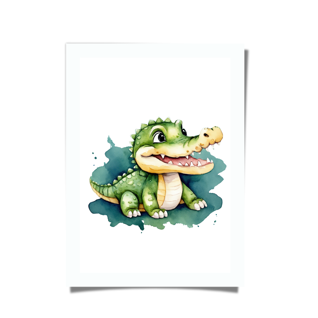Baby crocodile watercolour artwork, playful safari nursery print