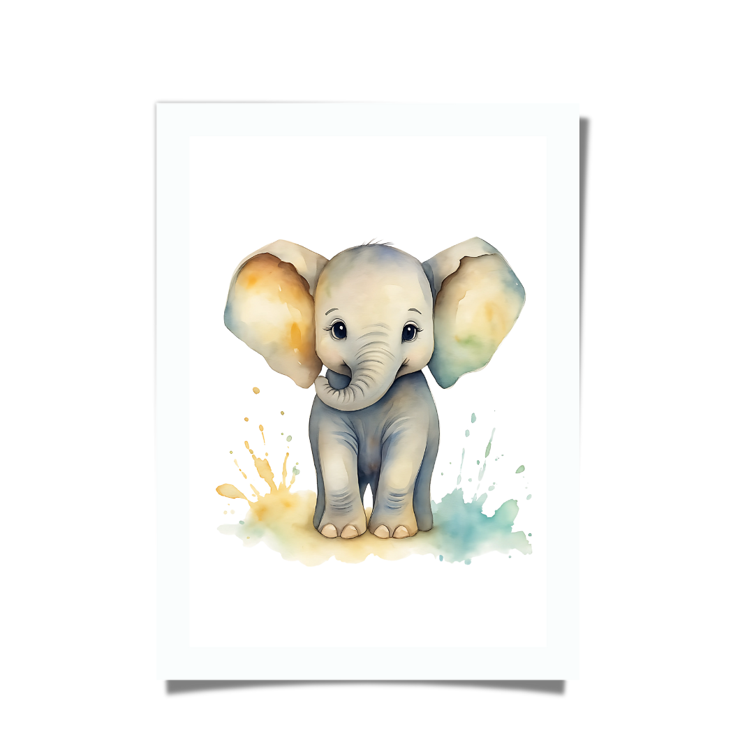 Baby elephant watercolour art print, safari nursery décor
