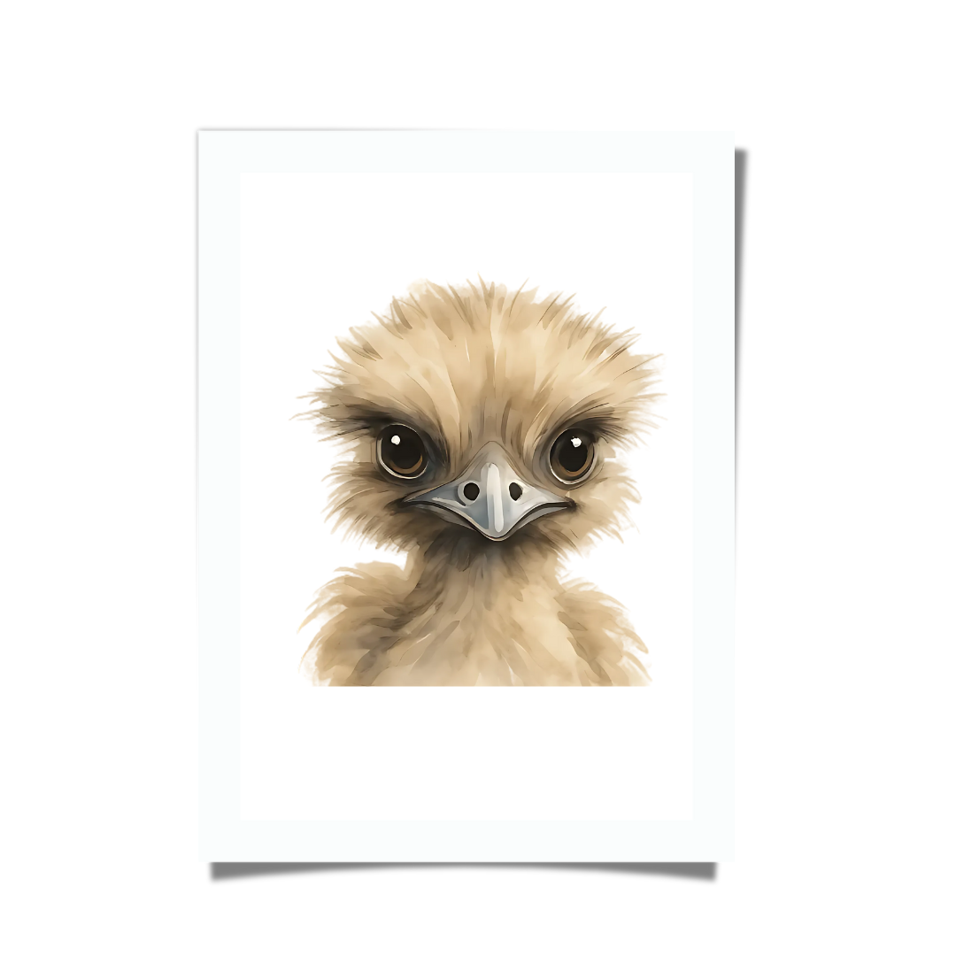 Baby emu watercolour artwork, Australian wildlife nursery print.