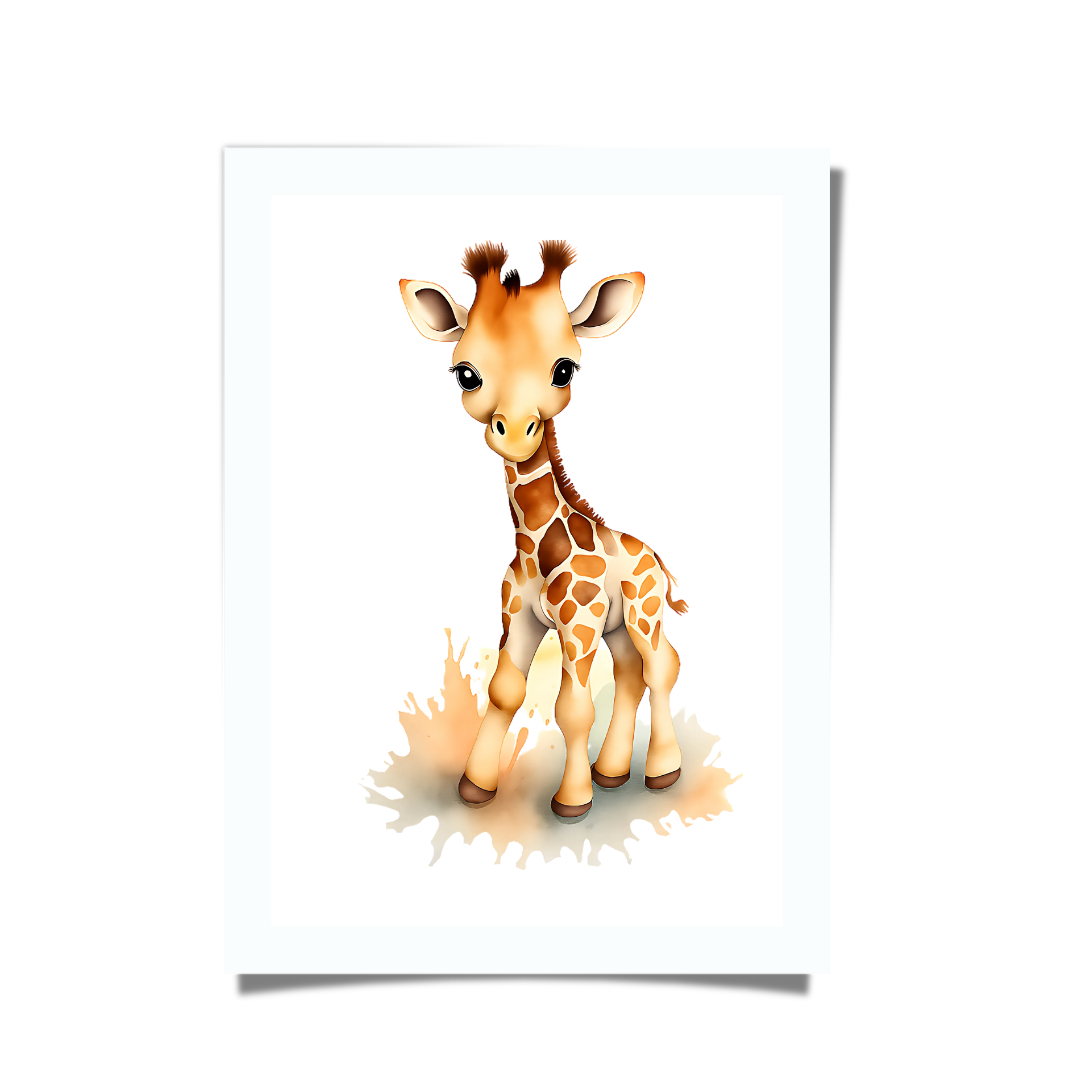 Cute baby giraffe watercolour illustration, safari nursery wall art.