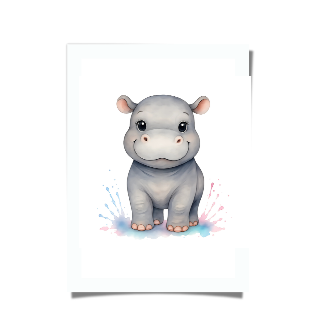 Watercolour illustration of a baby hippo, soft safari nursery wall art.