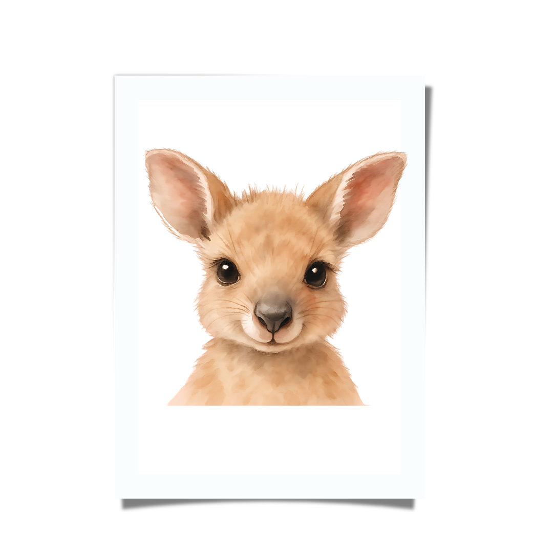 Watercolour illustration of a baby kangaroo, Australian nursery wall art.
