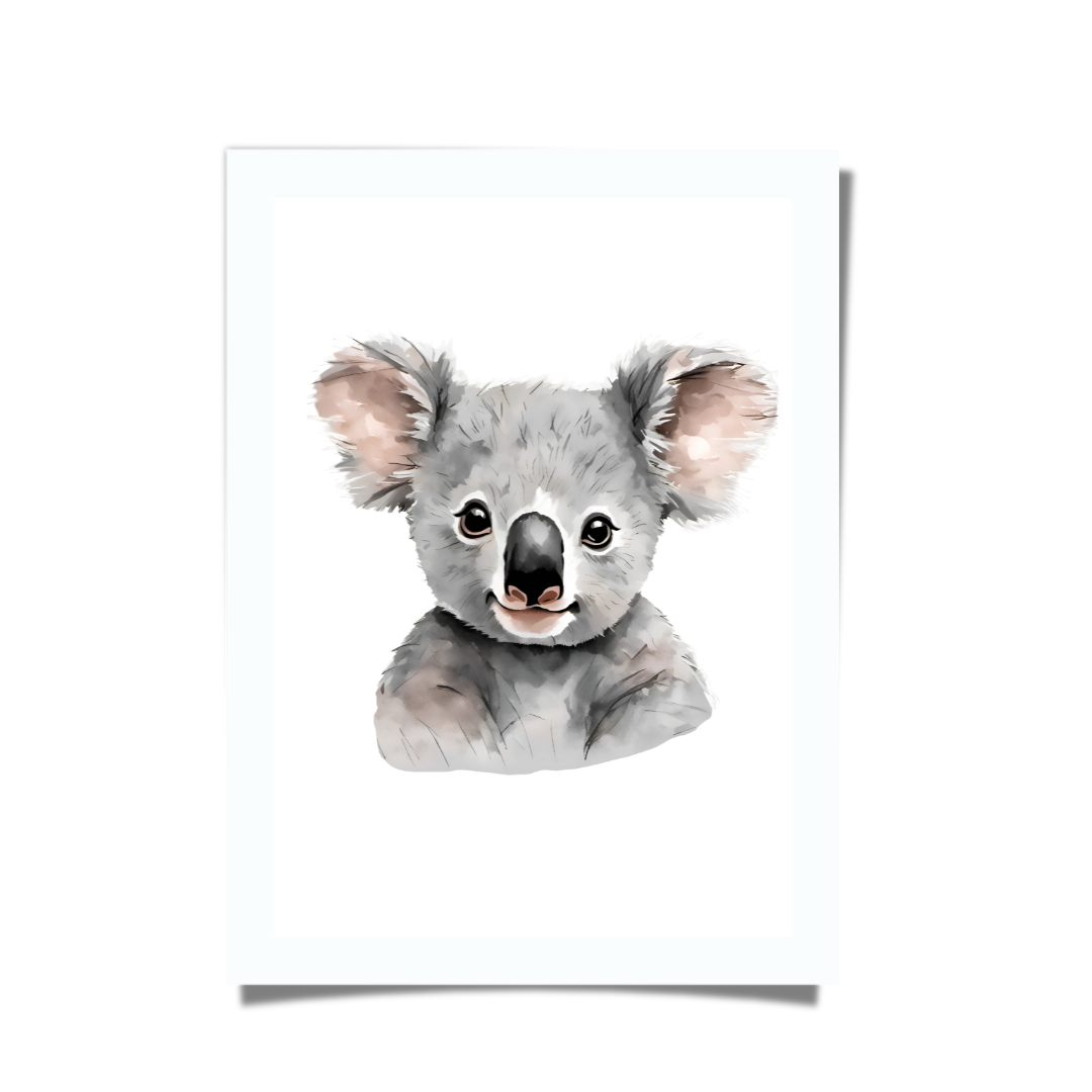 Watercolour baby koala illustration, Australian nursery wall art.