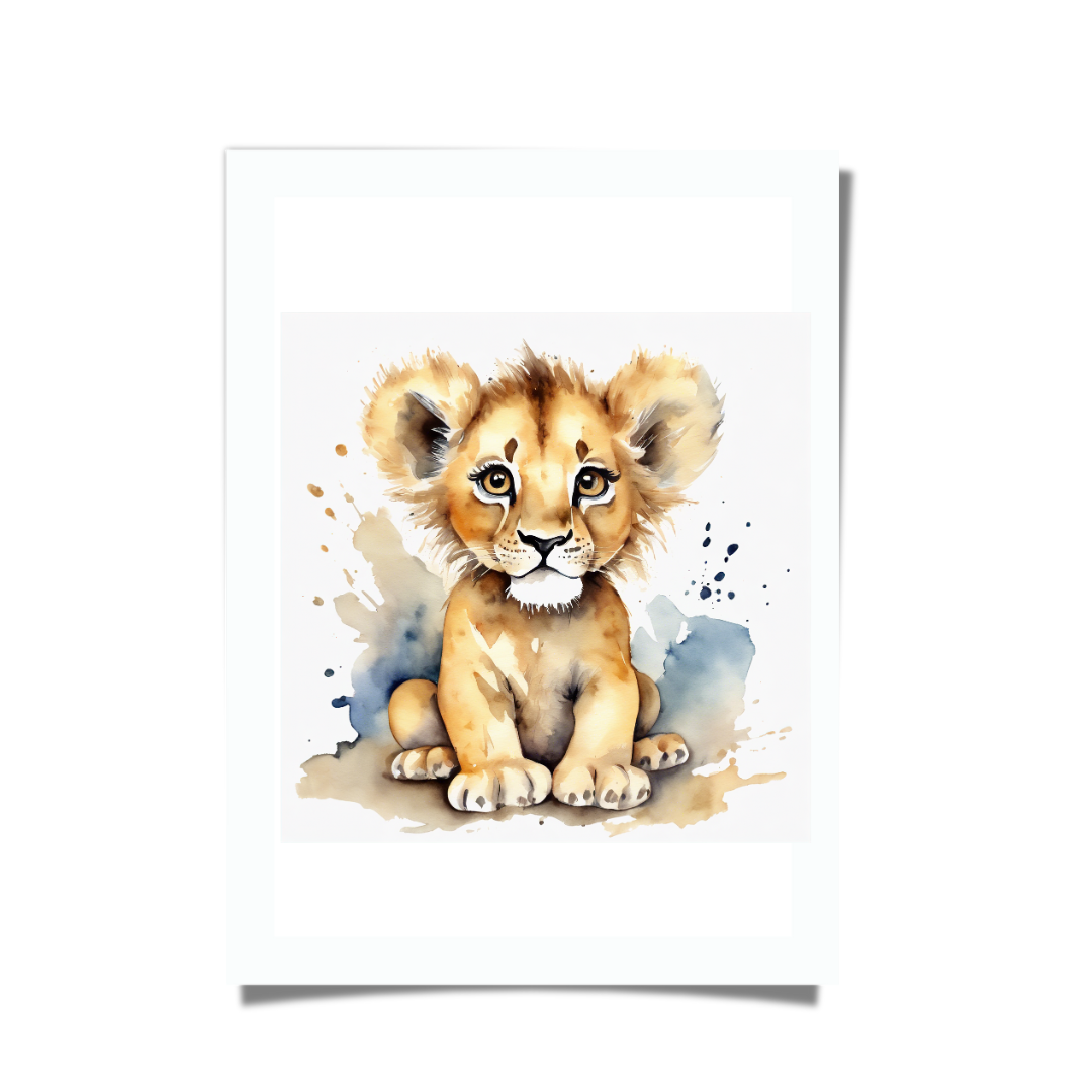 Watercolour illustration of a baby lion, cute safari nursery artwork