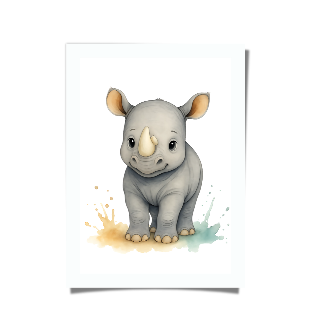 Watercolour baby rhinoceros illustration, safari-themed children’s artwork