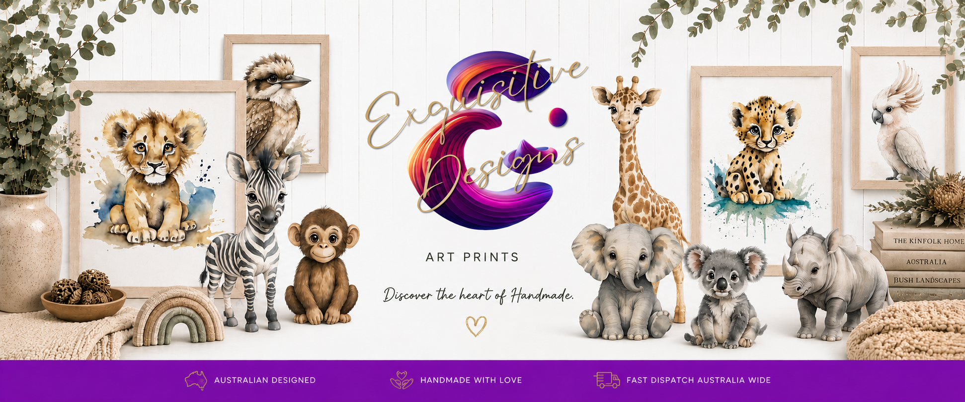 Art prints of animals with 'Exquisite Creations' branding on a white background.
