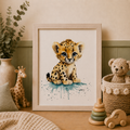 Framed artwork of a leopard cub in a child's room with toys and decor.