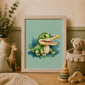 Framed illustration of a green dinosaur on a light blue background, surrounded by toys and decor.
