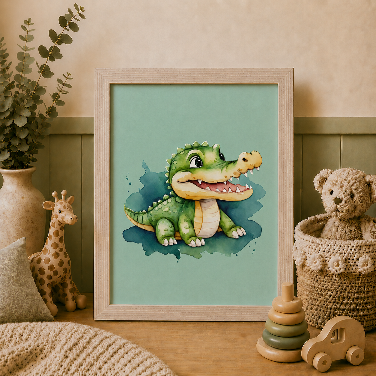 Framed illustration of a green dinosaur on a light blue background, surrounded by toys and decor.