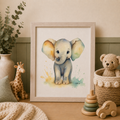 Framed illustration of a baby elephant in a child's room with toys and decor.