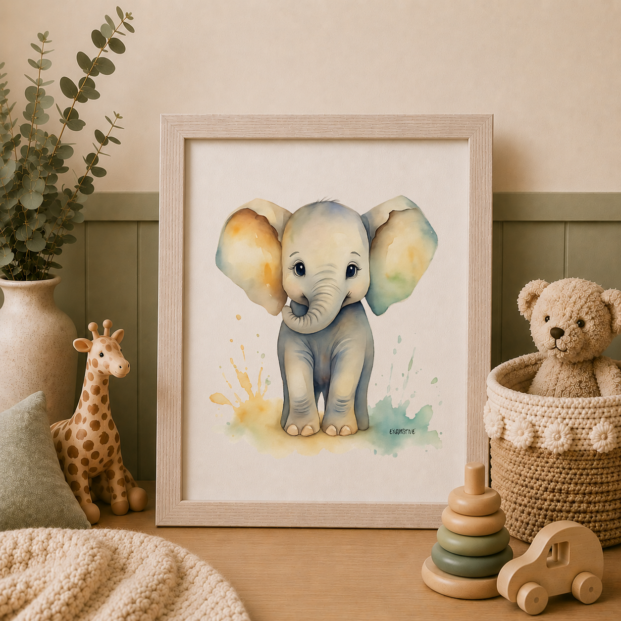 Framed illustration of a baby elephant in a child's room with toys and decor.