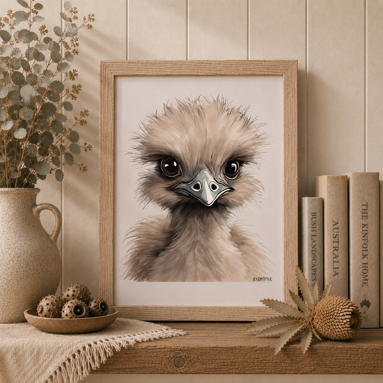 Framed artwork of a bird on a shelf with decorative items