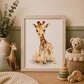 Framed illustration of a giraffe in a child's room with toys and decor.