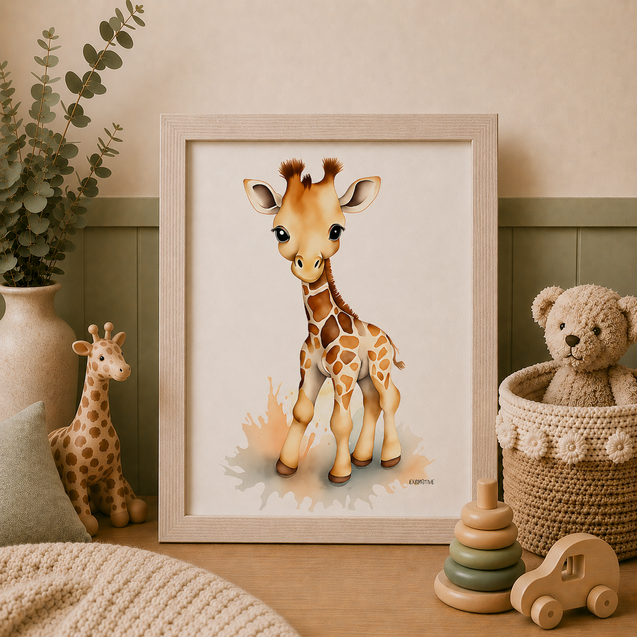 Framed illustration of a giraffe in a child's room with toys and decor.