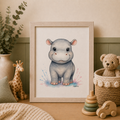Framed illustration of a hippo in a child's room with toys and decor.