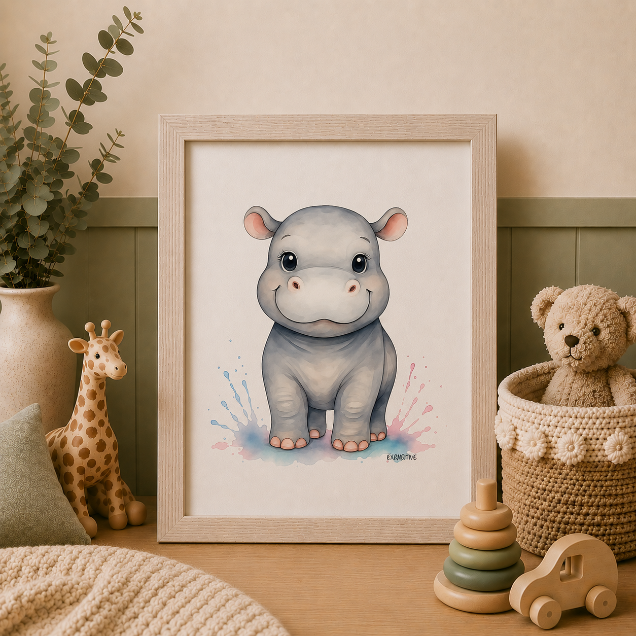 Framed illustration of a hippo in a child's room with toys and decor.