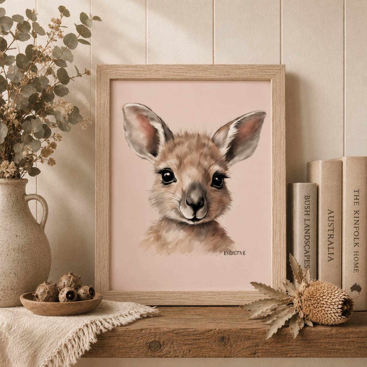 Framed artwork of a kangaroo on a wooden shelf with decorative items.