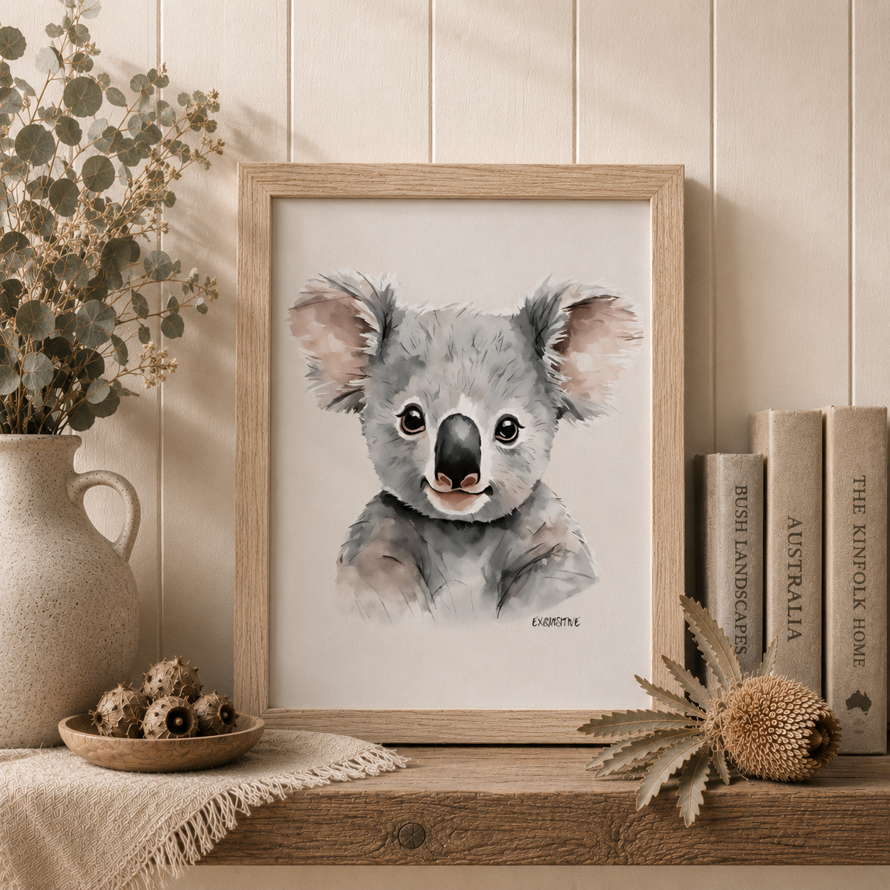 Framed artwork of a koala on a wooden shelf with decorative items.
