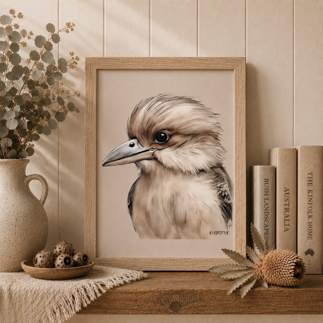Framed artwork of a bird on a wooden shelf with decorative items.