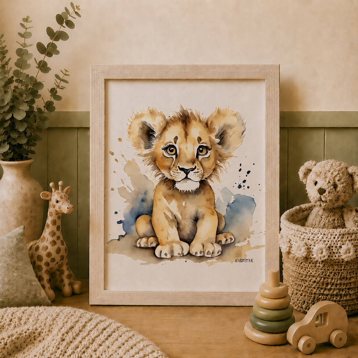 Framed illustration of a lion cub in a child's room with toys and decor.