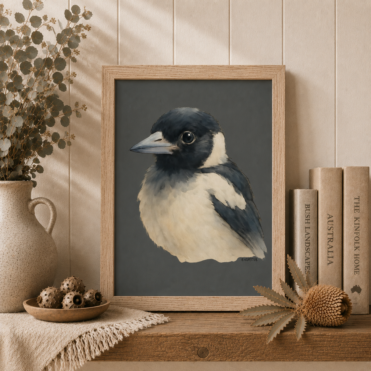 Framed artwork of a bird on a shelf with decorative items